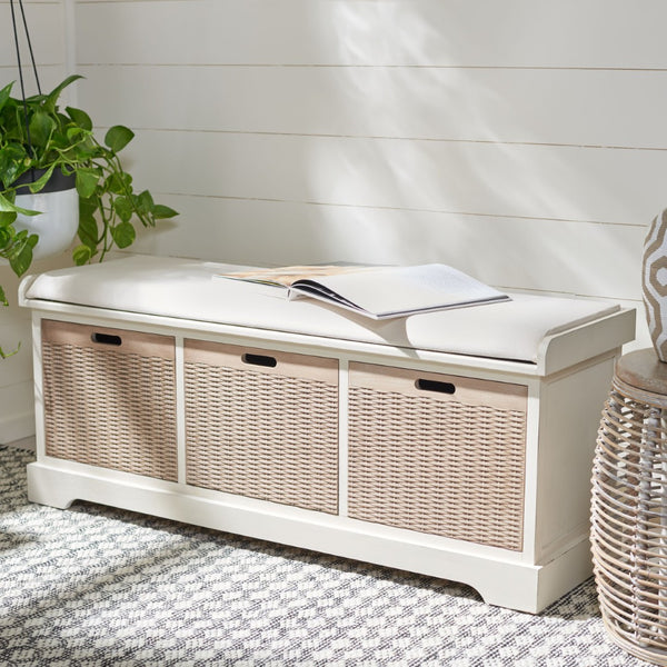 Safavieh Landers Farmhouse Storage Bench With Cushion Top And Three Basket Drawers For Entryway Organization Distressed White BCH5703A