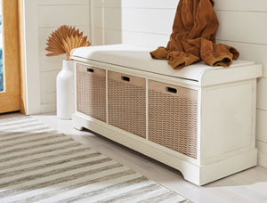 Safavieh Landers Farmhouse Storage Bench With Cushion Top And Three Basket Drawers For Entryway Organization Distressed White BCH5703A