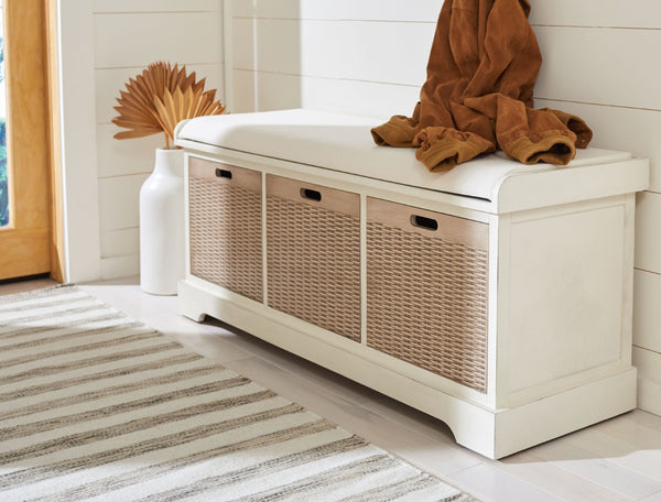 Safavieh Landers Farmhouse Storage Bench With Cushion Top And Three Basket Drawers For Entryway Organization Distressed White BCH5703A