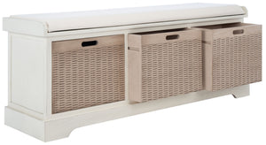 Safavieh Landers Farmhouse Storage Bench With Cushion Top And Three Basket Drawers For Entryway Organization Distressed White BCH5703A