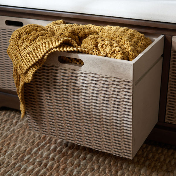 Safavieh Landers Farmhouse Storage Bench With Cushion Top And Three Basket Drawers For Entryway Organization Brown BCH5703C