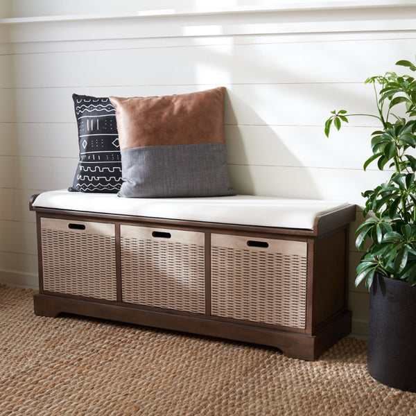 Safavieh Landers Farmhouse Storage Bench With Cushion Top And Three Basket Drawers For Entryway Organization Brown BCH5703C