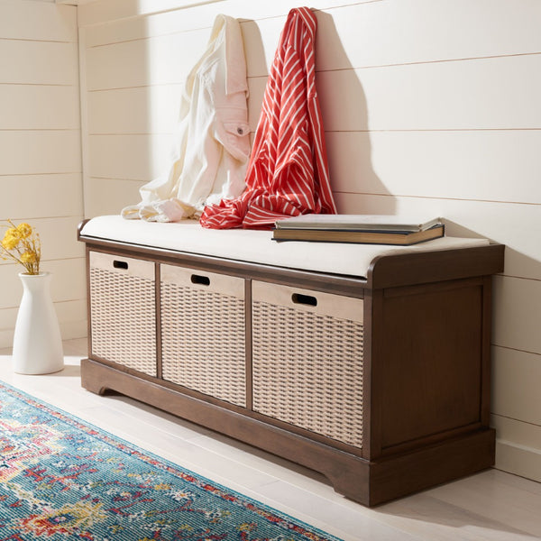 Safavieh Landers Farmhouse Storage Bench With Cushion Top And Three Basket Drawers For Entryway Organization Brown BCH5703C