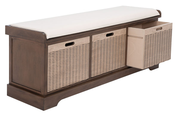 Safavieh Landers Farmhouse Storage Bench With Cushion Top And Three Basket Drawers For Entryway Organization Brown BCH5703C
