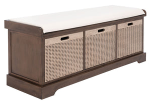 Safavieh Landers Farmhouse Storage Bench With Cushion Top And Three Basket Drawers For Entryway Organization Brown BCH5703C