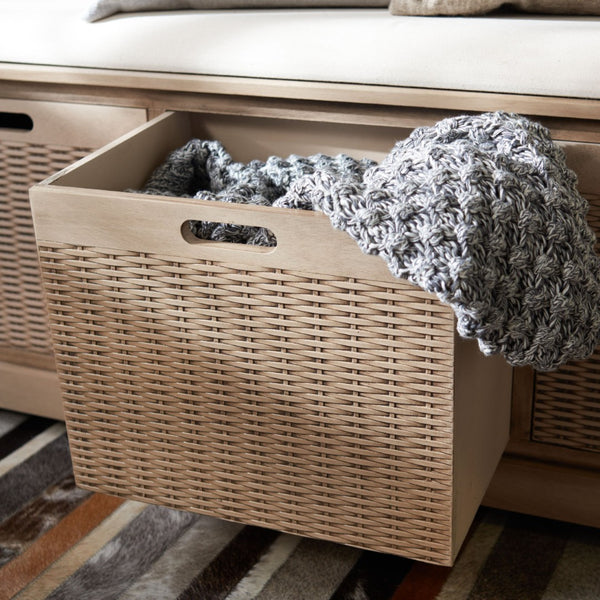 Safavieh Landers Farmhouse Storage Bench With Cushion Top And Three Basket Drawers For Entryway Organization Sand BCH5703D