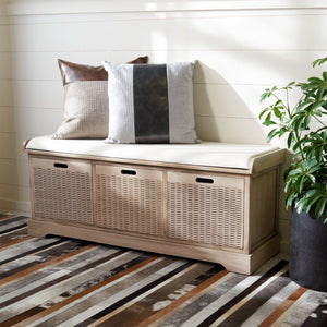 Safavieh Landers Farmhouse Storage Bench With Cushion Top And Three Basket Drawers For Entryway Organization Sand BCH5703D