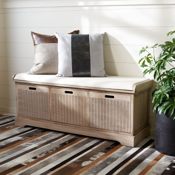 Safavieh Landers Farmhouse Storage Bench With Cushion Top And Three Basket Drawers For Entryway Organization Sand BCH5703D