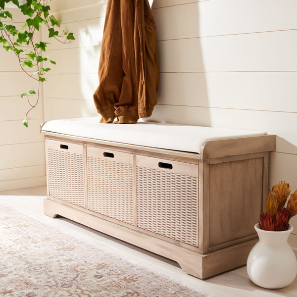 Safavieh Landers Farmhouse Storage Bench With Cushion Top And Three Basket Drawers For Entryway Organization Sand BCH5703D