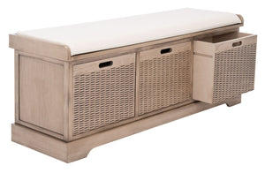 Safavieh Landers Farmhouse Storage Bench With Cushion Top And Three Basket Drawers For Entryway Organization Sand BCH5703D