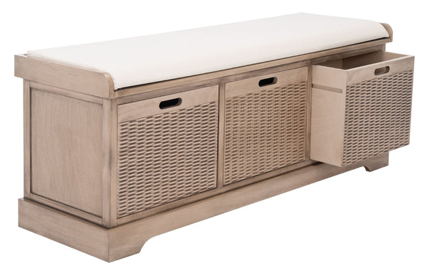 Safavieh Landers Farmhouse Storage Bench With Cushion Top And Three Basket Drawers For Entryway Organization Sand BCH5703D