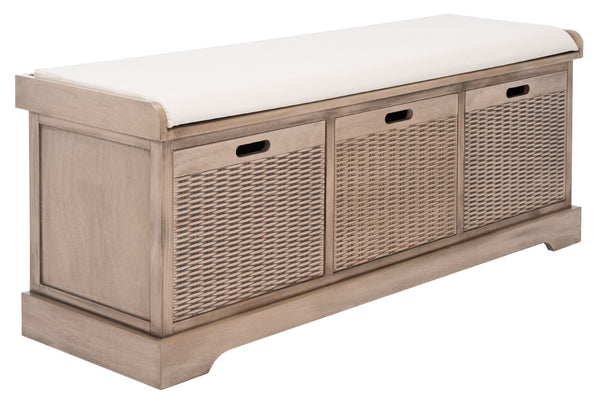 Safavieh Landers Farmhouse Storage Bench With Cushion Top And Three Basket Drawers For Entryway Organization Sand BCH5703D