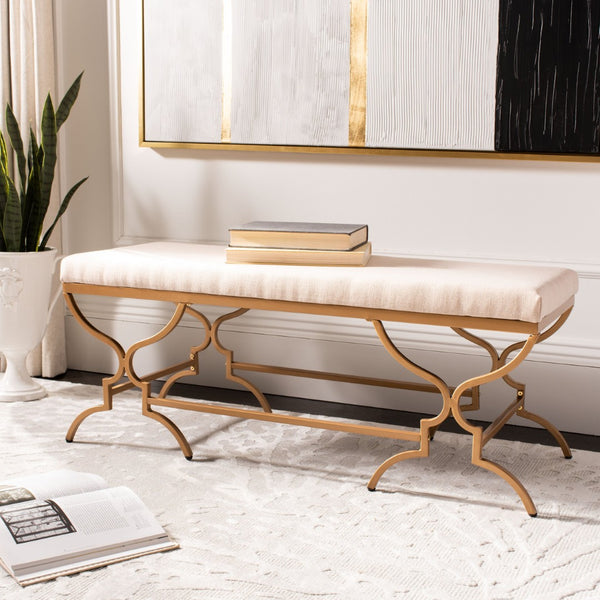 Safavieh Juliet Rectangular Bench – Chic Antique Design With Luxurious Upholstery For Stylish Home Décor Beige Linen/Gold BCH6203A