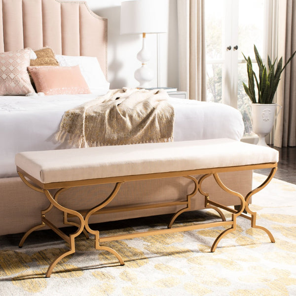 Safavieh Juliet Rectangular Bench – Chic Antique Design With Luxurious Upholstery For Stylish Home Décor Beige Linen/Gold BCH6203A