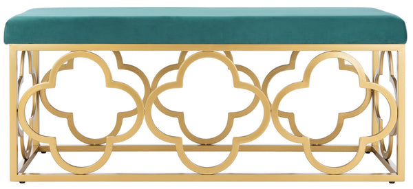 Safavieh Fleur Rectangle Bench - Luxurious Seating With Elegant Quatrefoil Design For Living Room Or Entryway Emerald Velvet/Gold BCH6205B