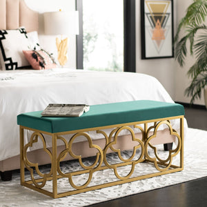Safavieh Fleur Rectangle Bench - Luxurious Seating With Elegant Quatrefoil Design For Living Room Or Entryway Emerald Velvet/Gold BCH6205B