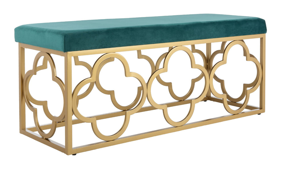 Safavieh Fleur Rectangle Bench - Luxurious Seating With Elegant Quatrefoil Design For Living Room Or Entryway Emerald Velvet/Gold BCH6205B