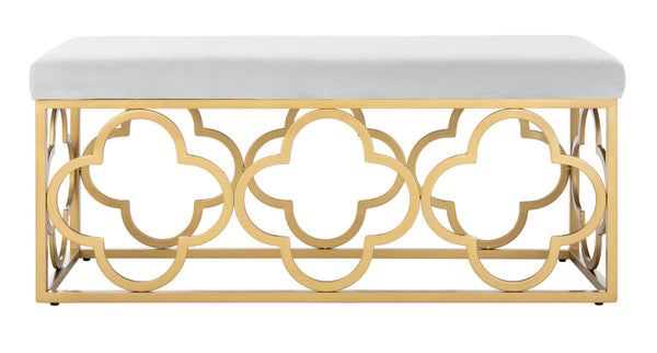 Safavieh Fleur Rectangle Bench - Luxurious Seating With Elegant Quatrefoil Design For Living Room Or Entryway Grey Velvet/Gold BCH6205D
