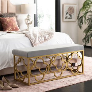 Safavieh Fleur Rectangle Bench - Luxurious Seating With Elegant Quatrefoil Design For Living Room Or Entryway Grey Velvet/Gold BCH6205D