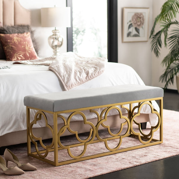 Safavieh Fleur Rectangle Bench - Luxurious Seating With Elegant Quatrefoil Design For Living Room Or Entryway Grey Velvet/Gold BCH6205D