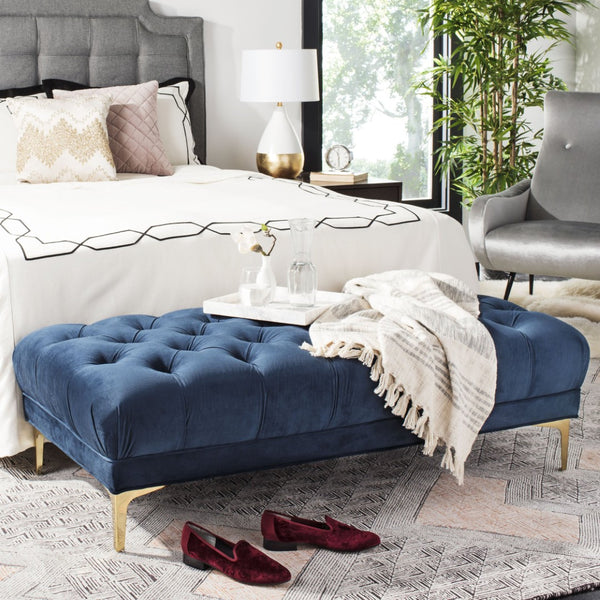 Safavieh Zarya Elegant Tufted Rectangular Bench In Navy Velvet With Chic Brass Legs - Versatile Seating Option BCH6300A