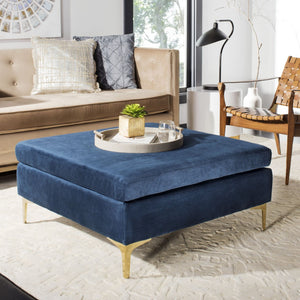 Safavieh Giovanna Square Ottoman - Chic Modern Accent Piece With Plush Upholstery And Sleek Metal Legs Navy Velvet/Brass BCH6301A