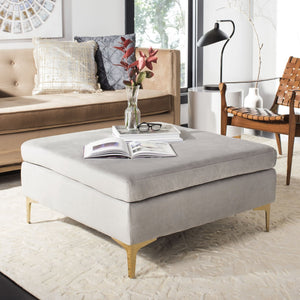 Safavieh Giovanna Square Ottoman - Chic Modern Accent Piece With Plush Upholstery And Sleek Metal Legs Grey Velvet/Brass BCH6301B