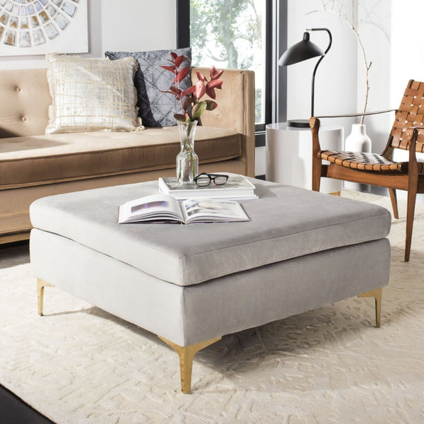 Safavieh Giovanna Square Ottoman - Chic Modern Accent Piece With Plush Upholstery And Sleek Metal Legs Grey Velvet/Brass BCH6301B