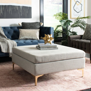 Safavieh Giovanna Square Ottoman - Chic Modern Accent Piece With Plush Upholstery And Sleek Metal Legs Light Grey Linen/Brass BCH6301C