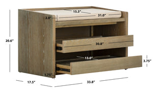 Safavieh Percy Storage Bench - Chic Belgian Design With Open Shelving For Entryway, Bedroom & Living Room Use Rustic Oak/Beige Linen BCH6400A
