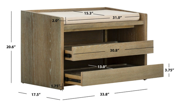 Safavieh Percy Storage Bench - Chic Belgian Design With Open Shelving For Entryway, Bedroom & Living Room Use Rustic Oak/Beige Linen BCH6400A