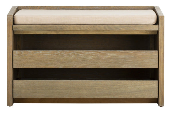 Safavieh Percy Storage Bench - Chic Belgian Design With Open Shelving For Entryway, Bedroom & Living Room Use Rustic Oak/Beige Linen BCH6400A