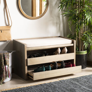 Safavieh Percy Storage Bench - Chic Belgian Design With Open Shelving For Entryway, Bedroom & Living Room Use Rustic Oak/Beige Linen BCH6400A