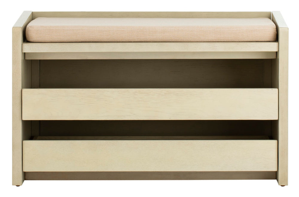 Safavieh Percy Storage Bench - Chic Belgian Design With Open Shelving For Entryway, Bedroom & Living Room Use White Wash/Beige Linen BCH6400B