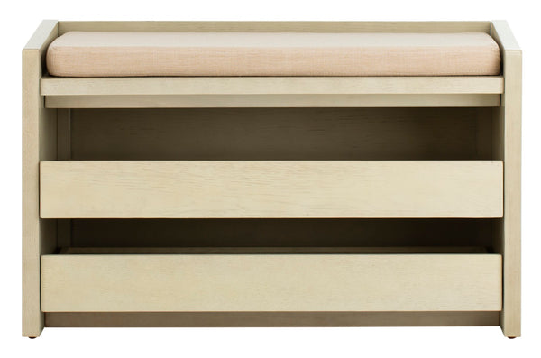Safavieh Percy Storage Bench - Chic Belgian Design With Open Shelving For Entryway, Bedroom & Living Room Use White Wash/Beige Linen BCH6400B