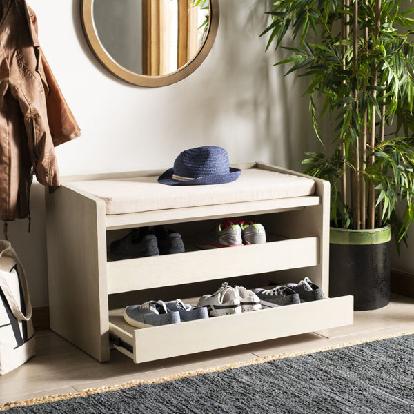 Safavieh Percy Storage Bench - Chic Belgian Design With Open Shelving For Entryway, Bedroom & Living Room Use White Wash/Beige Linen BCH6400B
