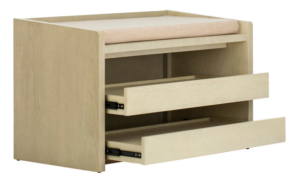 Safavieh Percy Storage Bench - Chic Belgian Design With Open Shelving For Entryway, Bedroom & Living Room Use White Wash/Beige Linen BCH6400B