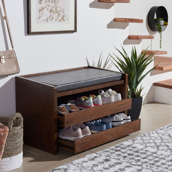 Safavieh Percy Storage Bench - Chic Belgian Design With Open Shelving For Entryway, Bedroom & Living Room Use Walnut/Grey Pu BCH6400C