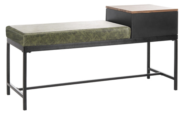 Safavieh Maruka Storage Bench - Stylish Grey Wash Wood & Dark Green Upholstered Entryway Seating Solution BCH6401D
