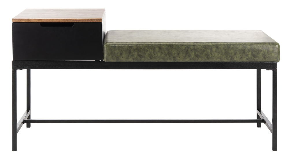 Safavieh Maruka Storage Bench - Stylish Grey Wash Wood & Dark Green Upholstered Entryway Seating Solution BCH6401D