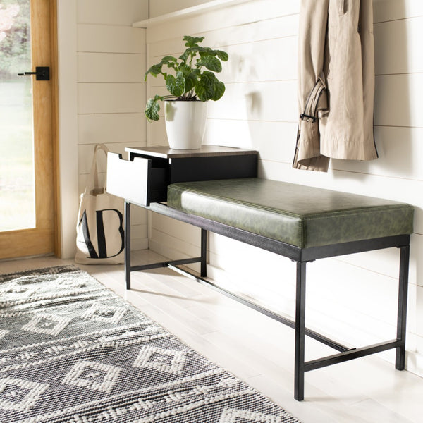 Safavieh Maruka Storage Bench - Stylish Grey Wash Wood & Dark Green Upholstered Entryway Seating Solution BCH6401D