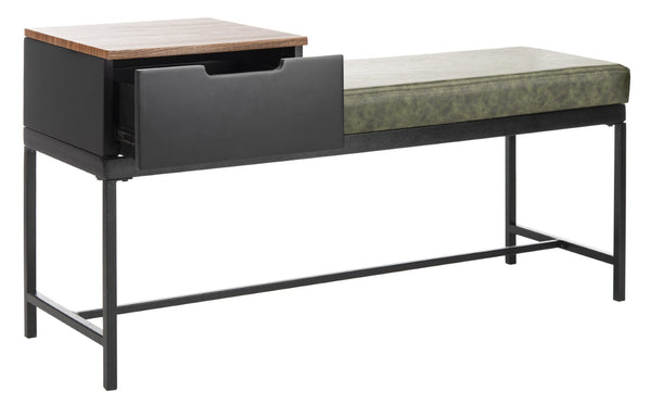 Safavieh Maruka Storage Bench - Stylish Grey Wash Wood & Dark Green Upholstered Entryway Seating Solution BCH6401D