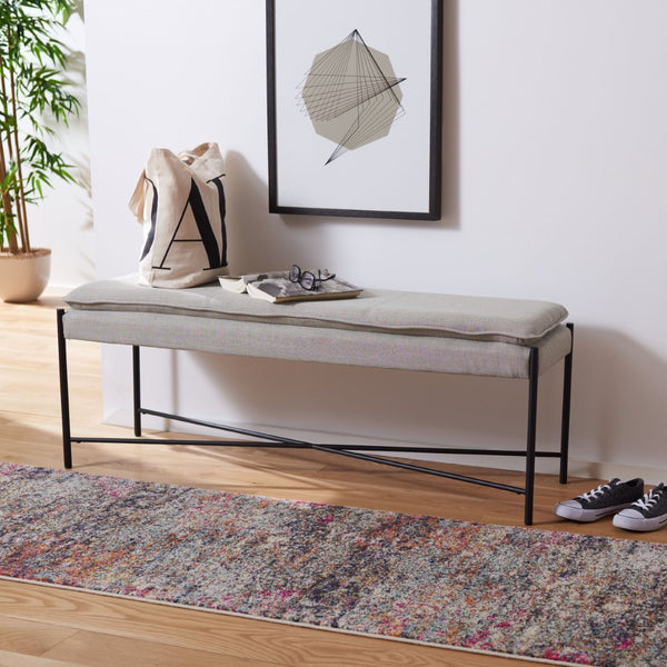 Safavieh Kara Cushioned X Bench – Stylish Minimalist Seating For Entryways, Living Rooms & Bedroom Decor Light Grey Linen/Black BCH6402C