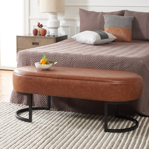 Safavieh Bellezza Oval Bench - Modern Minimalist Seating With Soft Vegan Leather And Striking Black Base Cognac BCH6403B
