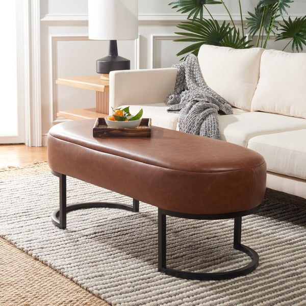 Safavieh Bellezza Oval Bench - Modern Minimalist Seating With Soft Vegan Leather And Striking Black Base Cognac BCH6403B