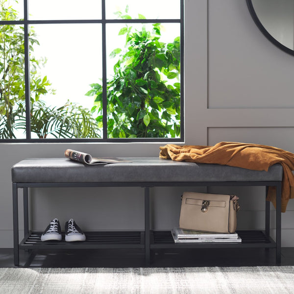 Safavieh Yomi 2 Rail Shelf Bench - Modern Comfort Meets Functionality For Your Entryway Or Living Space Grey / Black BCH6404A