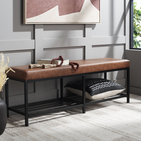 Safavieh Yomi 2 Rail Shelf Bench - Modern Comfort Meets Functionality For Your Entryway Or Living Space Brown  / Black BCH6404B