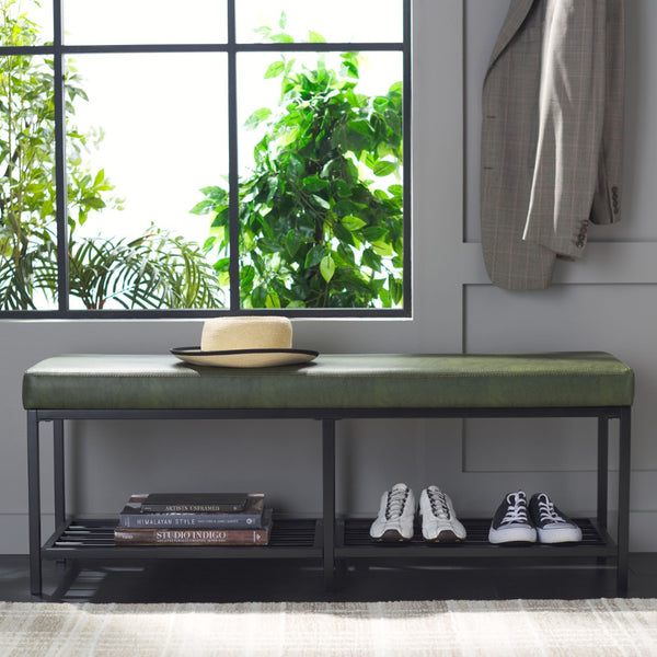 Safavieh Yomi 2 Rail Shelf Bench - Modern Comfort Meets Functionality For Your Entryway Or Living Space Dark Green / Black BCH6404C