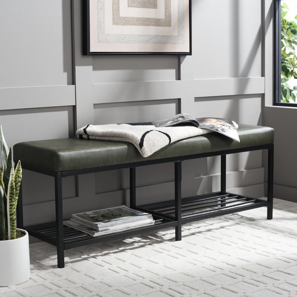 Safavieh Yomi 2 Rail Shelf Bench - Modern Comfort Meets Functionality For Your Entryway Or Living Space Dark Green / Black BCH6404C