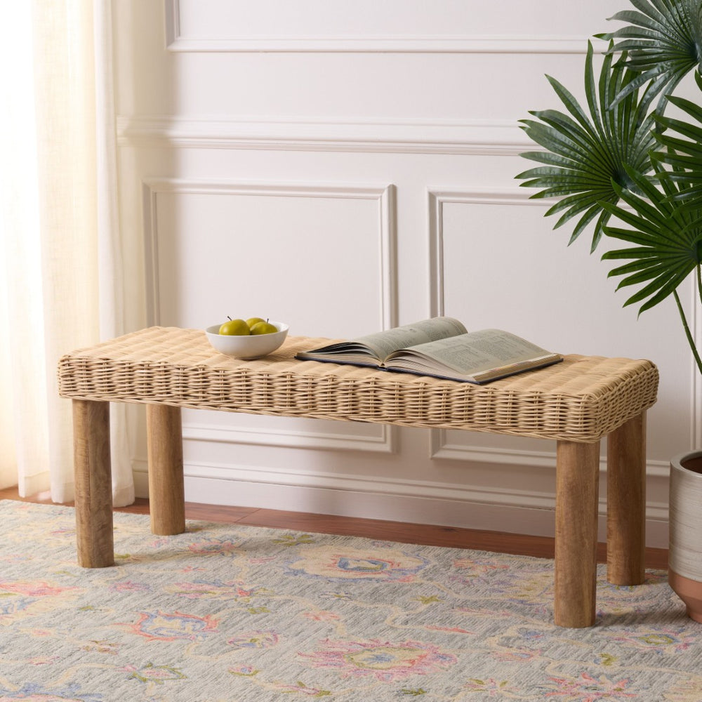 Safavieh SHAZZA Weaved Bench - Handcrafted Rattan & Mango Wood Seating, Perfect for Entryways & Living Rooms BCH6501A
